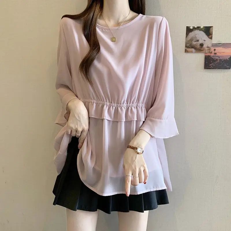 

Pink Chiffon Shirt for Women 2025 Summer Waist-closed Mid-length 7-quarter Sleeve Top