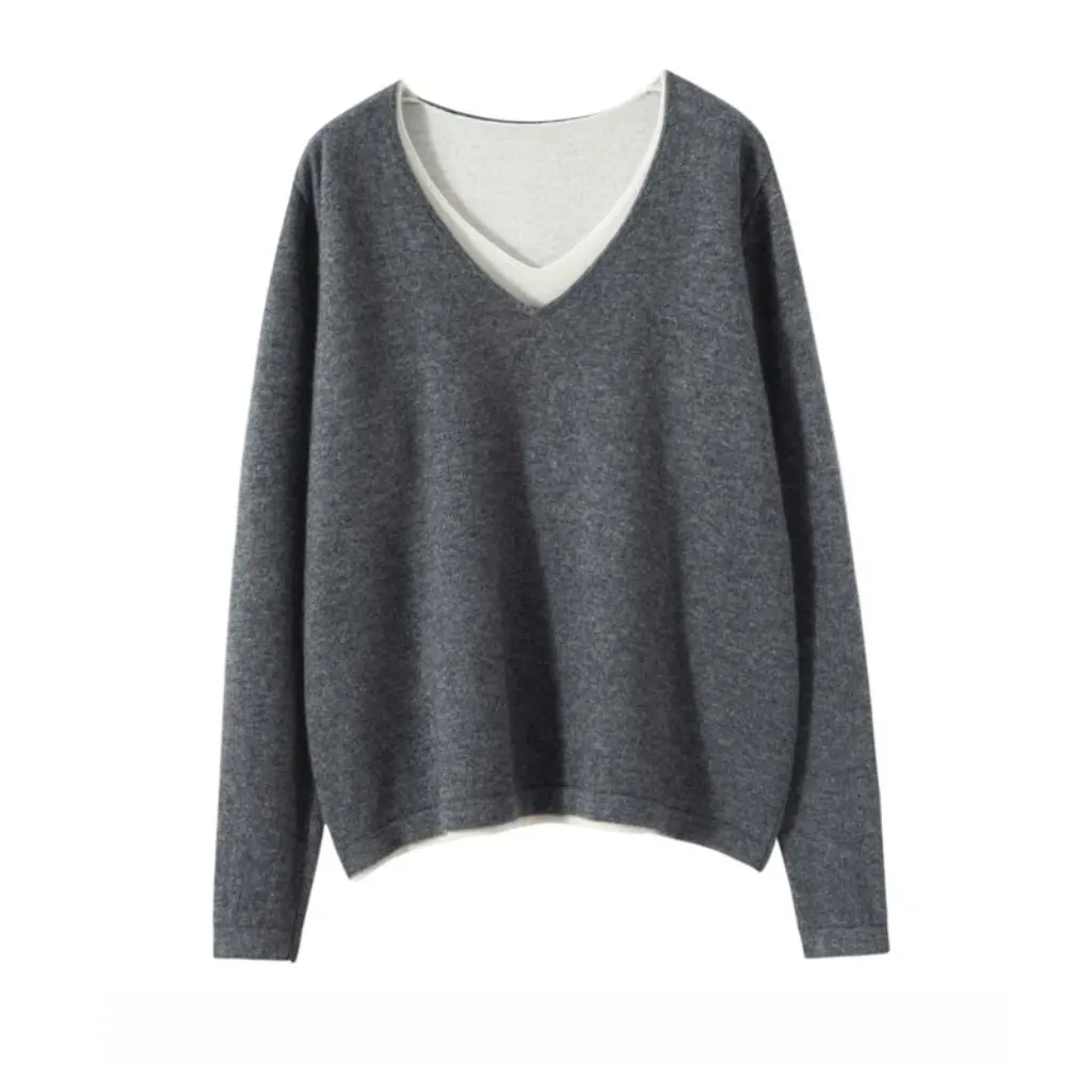 

Women's Fashion Versatile Faux Cashmere Sweater Knitwear Long-Sleeve Striped Loose Pullover Two-Piece Base Shirt