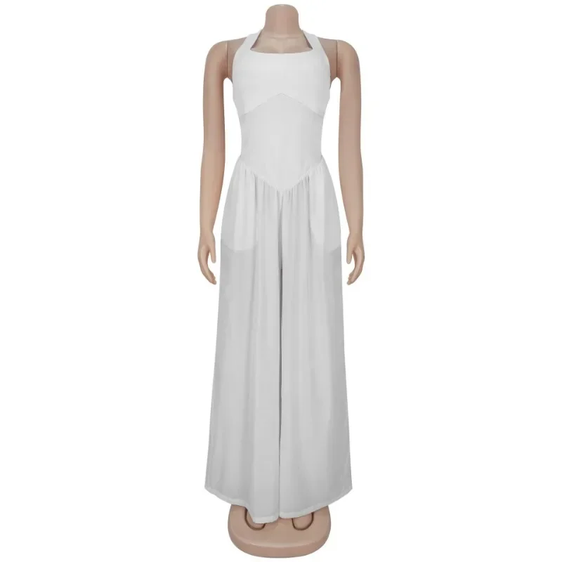 Casual solto macacões feminino sólido quadrado pescoço halter sem costas calças de perna larga uma peça macacão moda streetwear macacão