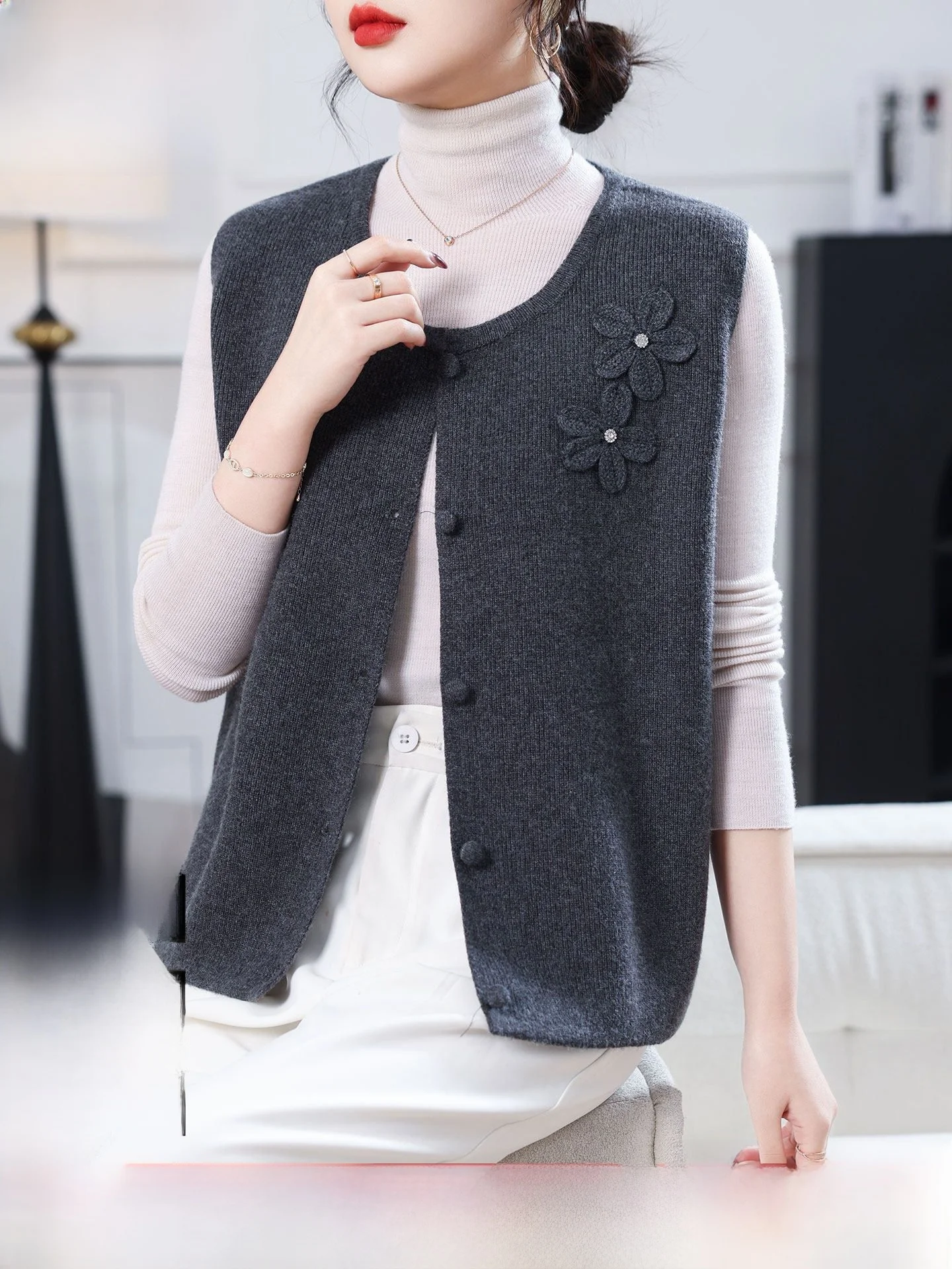 

Eordos Spring round Ne Svel Woolen Open Cardigan Vest Women's Loose Floral Embroidery Anti-aging oulder Sweater