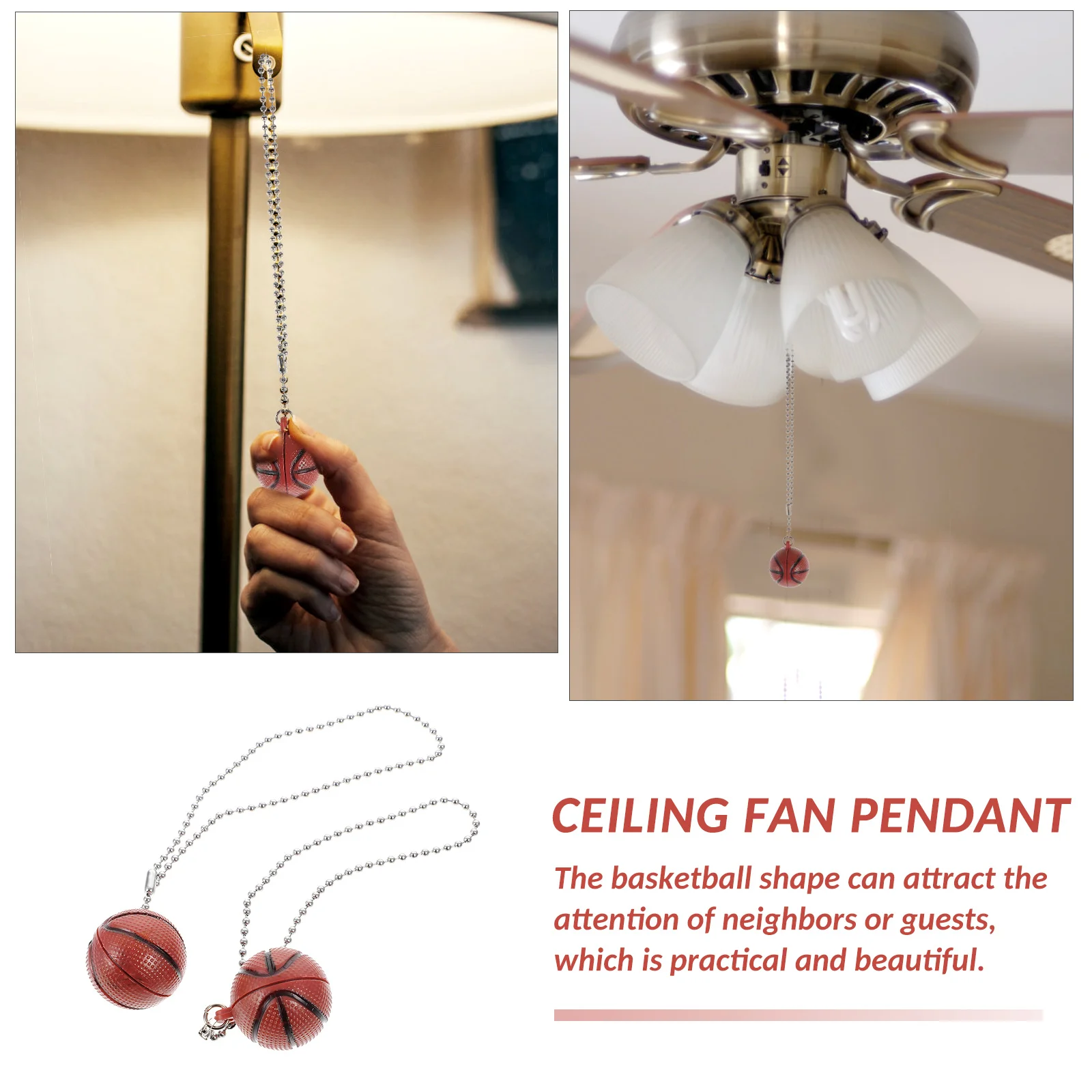 

2Pcs Basketball Beaded Pull Chain Ceiling Fan Pendant Lamp Extender Durable Iron Plastic Attract Neighbors Guests