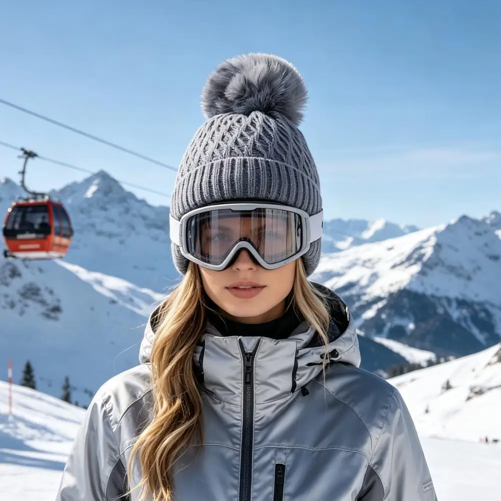 Gorro de invierno con forro polar y diseño de punto trenzado, con pompón, para mujer, cómodo, elástico y cálido, ideal para actividades al aire libre.