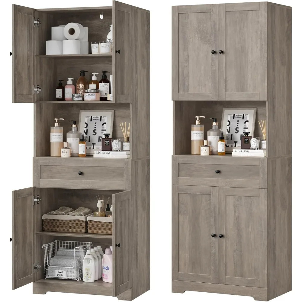 

tall bathroom storage cabinets, farmhouse linen cabinet with 4 doors & wide shelves & drawer, 67” tall storage cabinet freestan