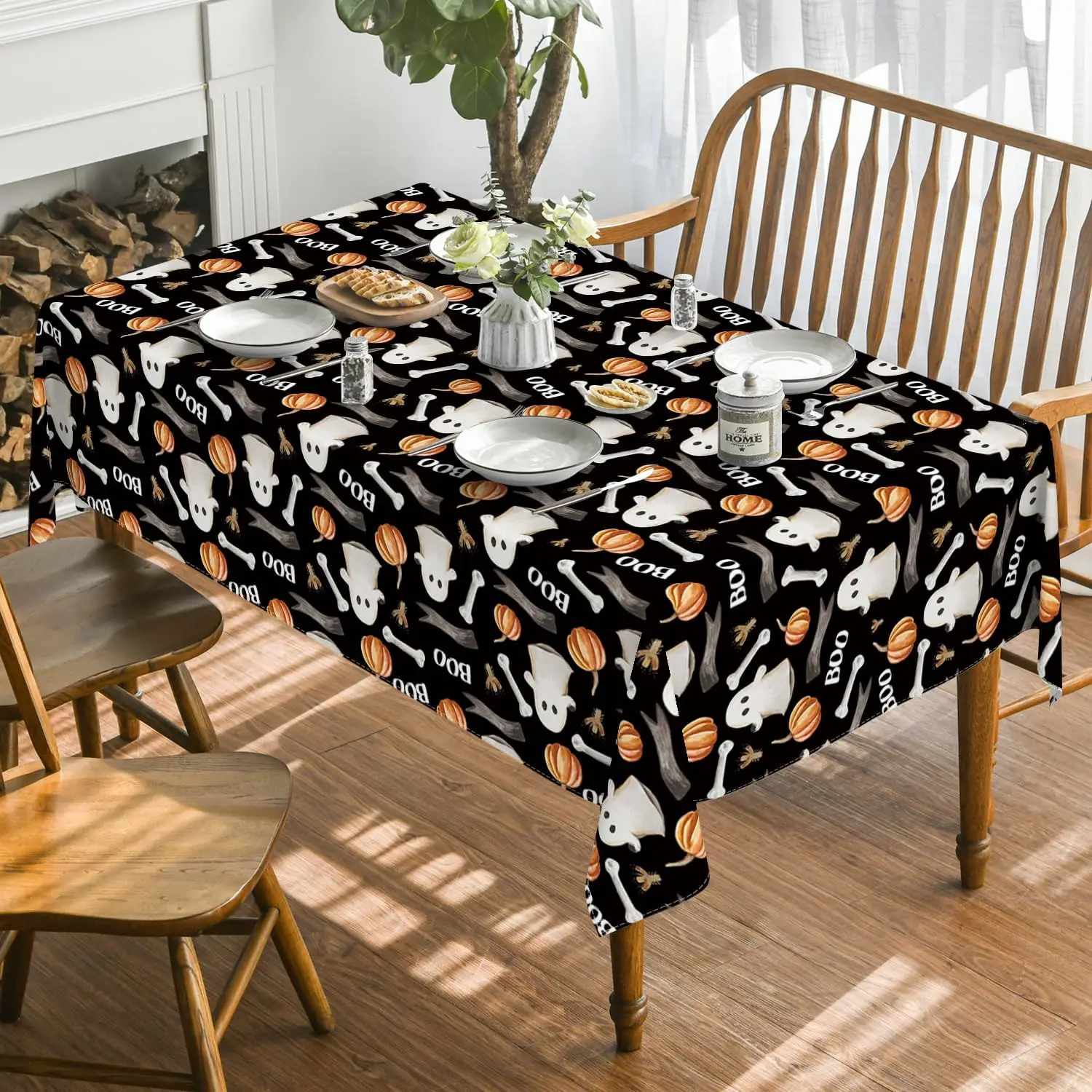 Halloween Ghost Pumpkin Black Rectangle Tablecloth Holiday Party Decorations Waterproof Table Cover Dining Room Decor Suppies