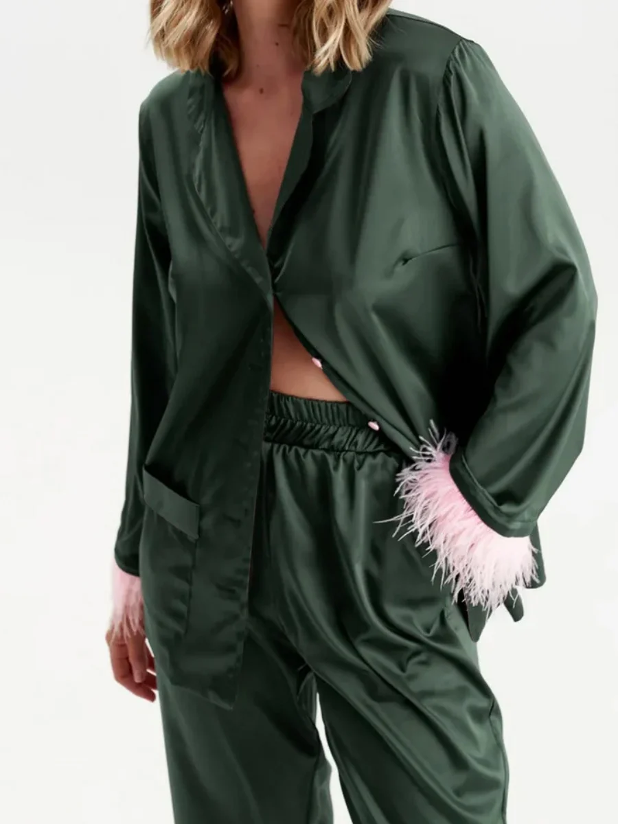 

Silk Satin Pajama Set for Women Feather Trim Long Sleeve Button Down Shirt 2 Pieces Pjs Sleepwear Lounge Sets
