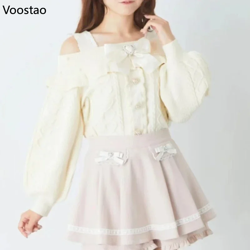 Japanese Lolita Kawaii Knitted Pullover Autumn Women Bow Heart Buckle Off Shoulder Pearl Sweater Girls Harajuku Knitwear Tops