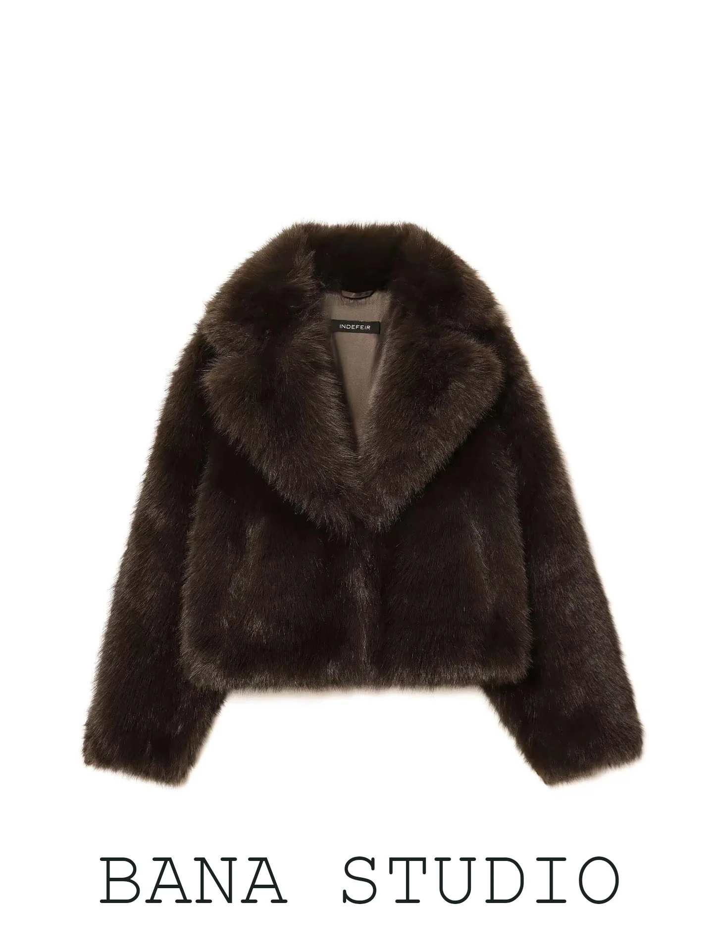 BANA Brown Faux Fur Jacket Women's Short Coat Warmth Collar Autumn Winter Outerwear Youth Standard Fit Long Sleeve Dark Color