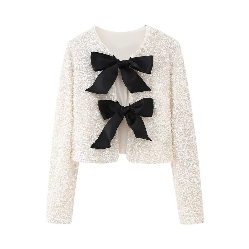 White/ Black Fashion Bow Sequined Jacket for Women Y2K Shiny Chic Cropped Coat 2024 New Female Elegant Long Sleeve Jacket Female