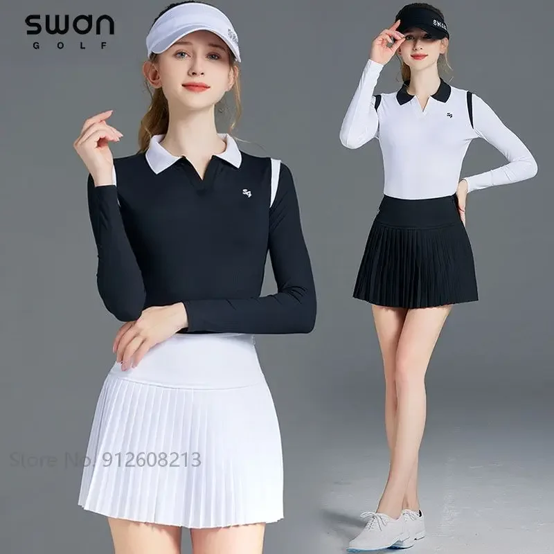 SG Korean Ice Silk Long-sleeve Blouse Lady Sun Protected Golf Shirts Golf High Waist Pleated Skirt Women Skorts Sets V-neck Tops