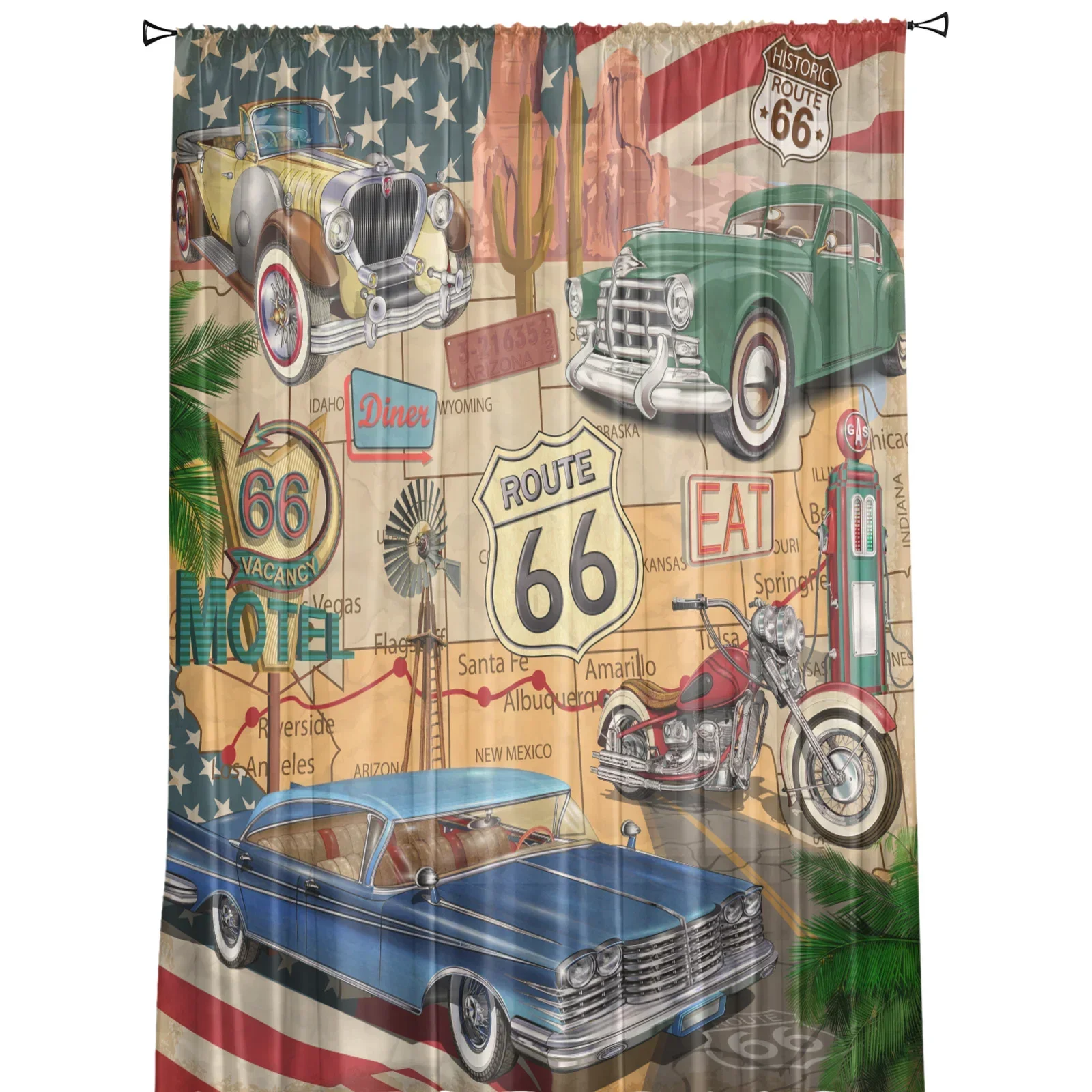 Retro Car Route 66 Poster Sheer Curtains Living Room Window Tulle Curtains For Bedroom Kitchen Home Decoration Voile Drapes