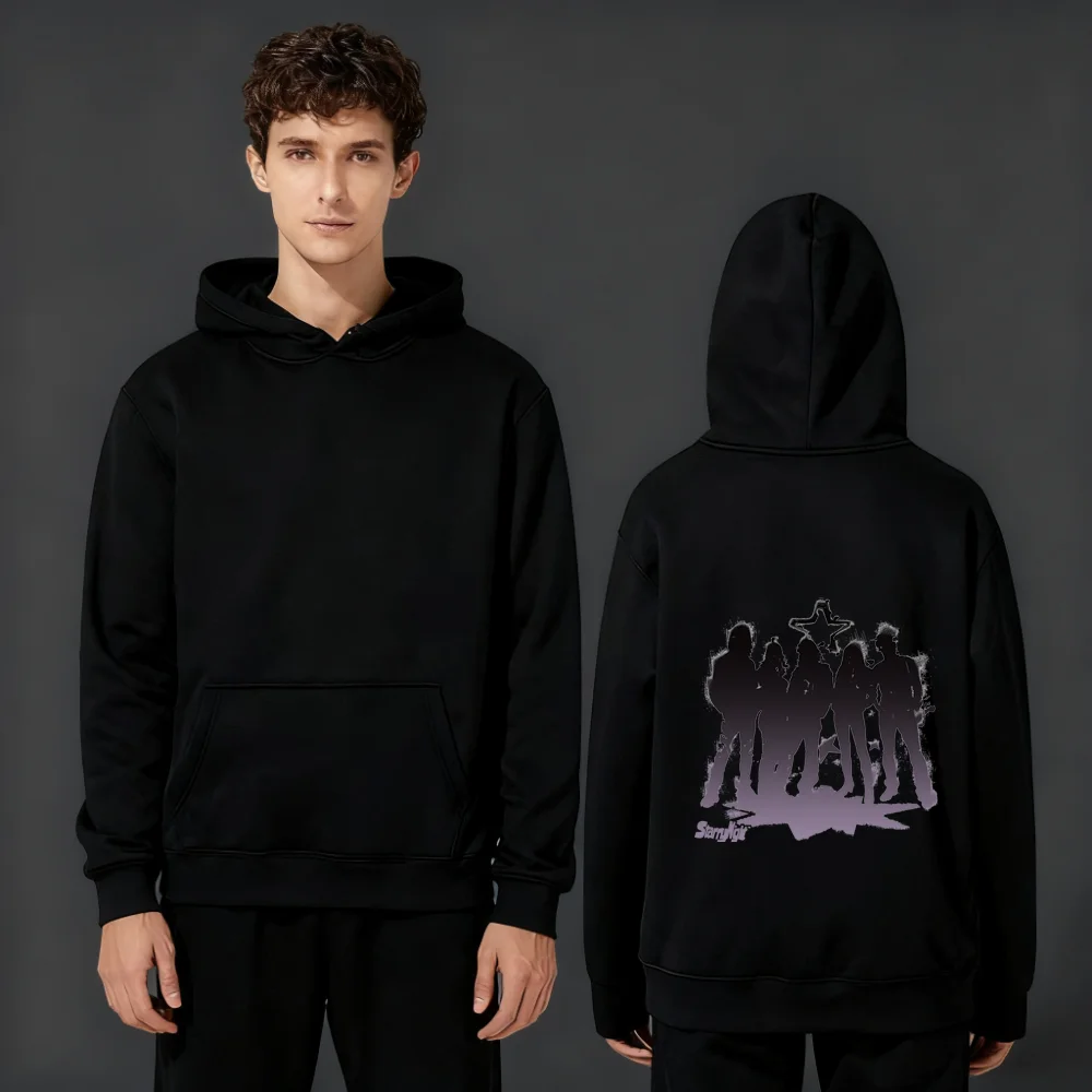 سترة Y2K العصرية الجديدة لعام 2025 بوزن 330 جرام بغطاء للرأس مريح وفضفاض مع طباعة صورة ظلية لشخصية الروك الرجعية