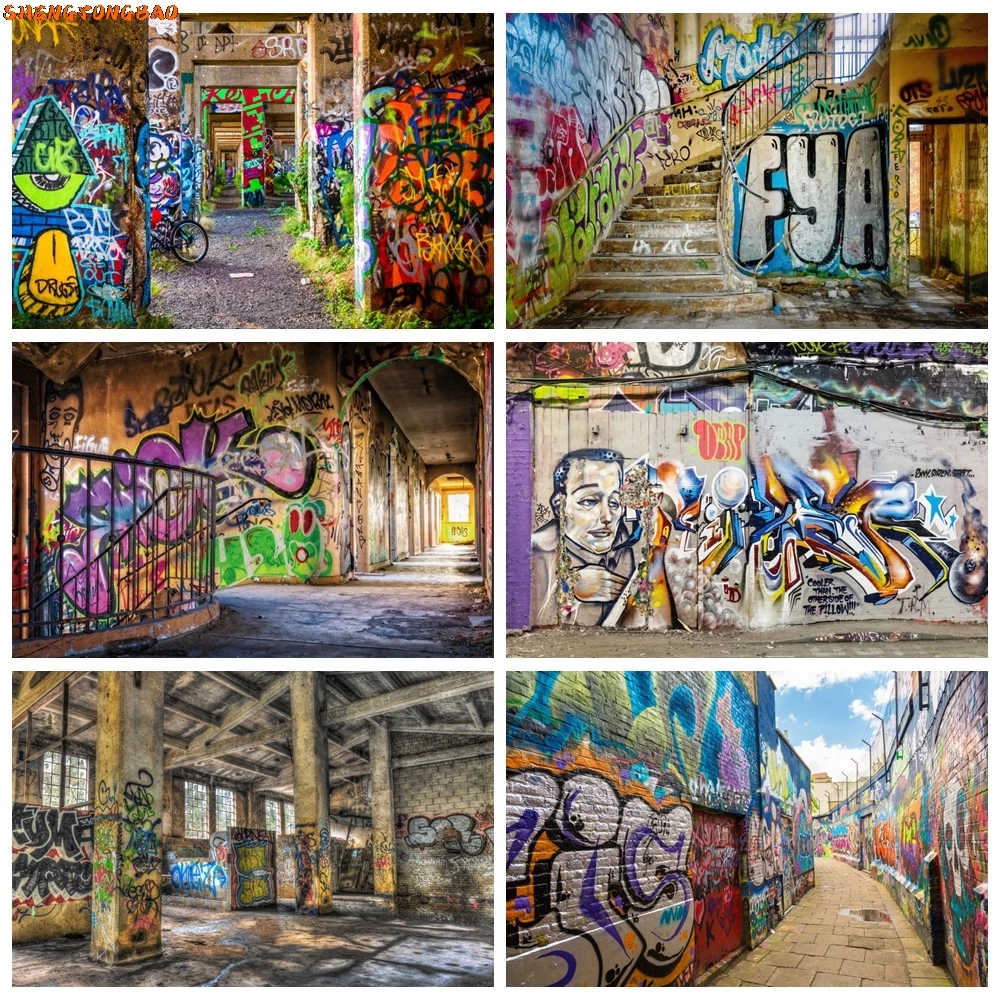 

Urban Street Graffiti Wall Photography Backdrop Retro Abandon School Building Kids Adult Portrait Photo Background Studio Props