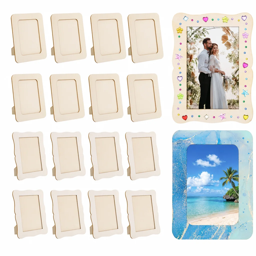 Natural Wood Photo Frames Unpainted DIY Craft Kits for Wedding Party Tabletop Wall Display Decoration 16pcs Set Durable
