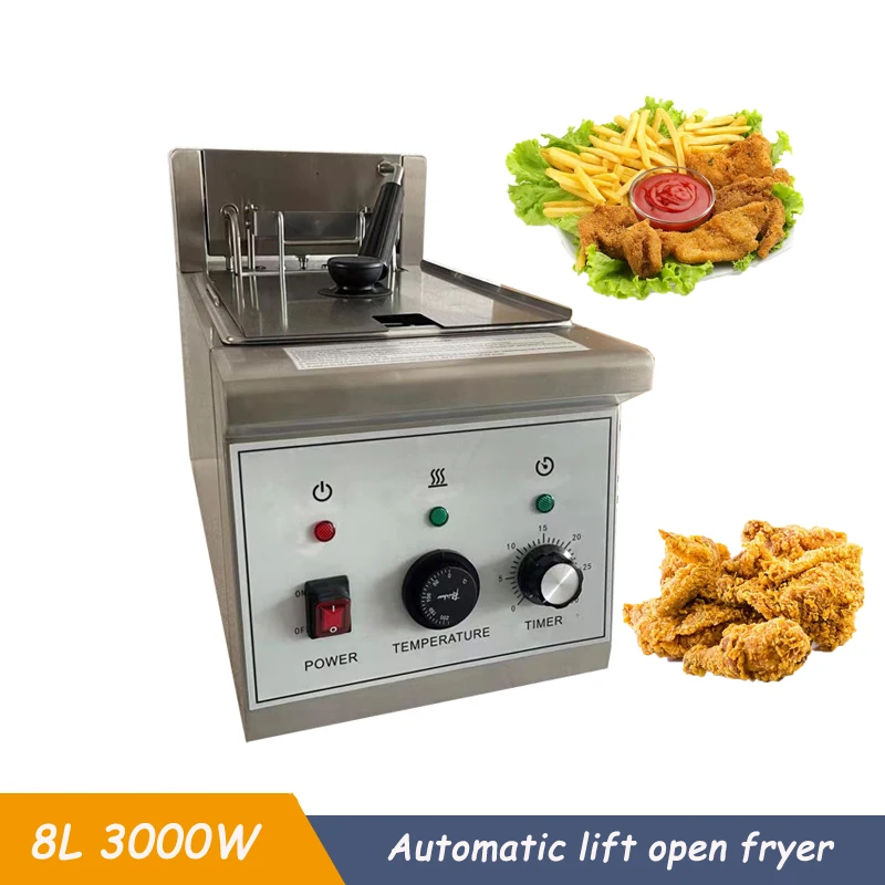 Electric 220V 3000W Commercial Fryer 8L Stainless Steel Deep Fryer French Fries Chicken Wings Automatic Lift Snack Fried Machine