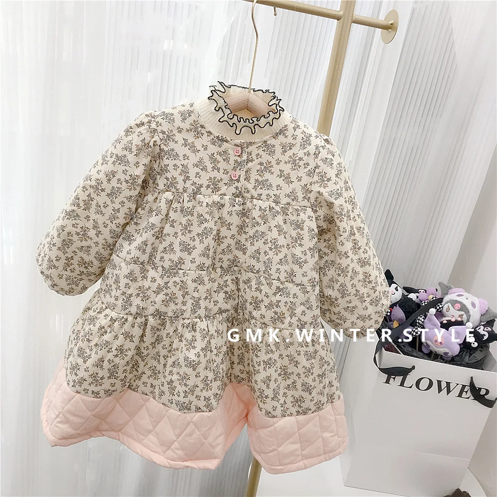 Girls Casual Dresses Korean Childrens Clothing 2024Cotton Dress Autumn Winter Sweet Fragmented Flowers Thickening Baby Princess