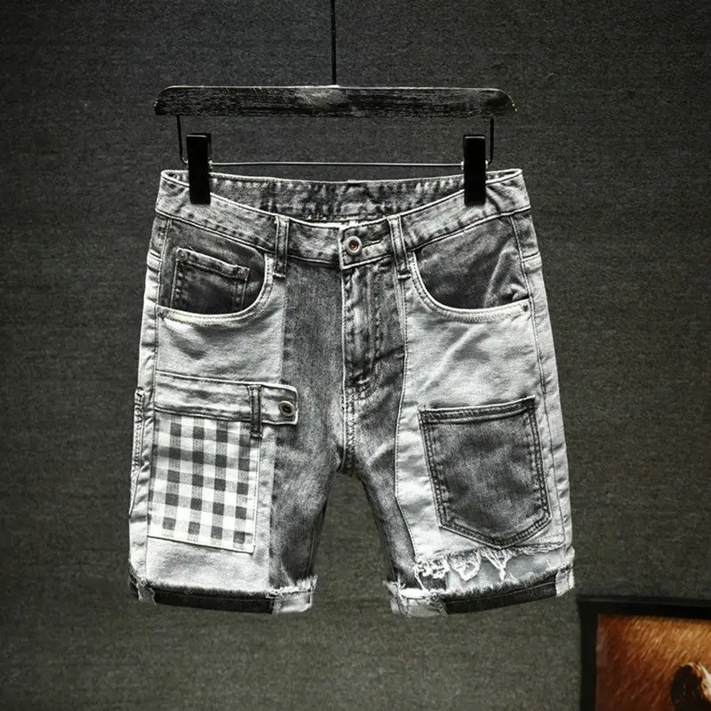 

Foufurieux Washed Vintage High-end Gray Contrasting Splicing Denim Shorts for Men Summer Trendy Slim Fit Casual Jeans for Men