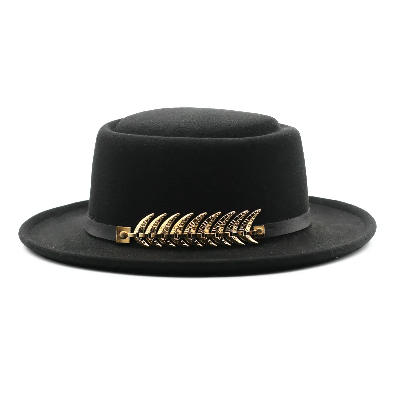 Pork Pie hat European and American men's Fedora hat Fashion small brim jazz hat Men's old white hat Gold leaf decoration top hat