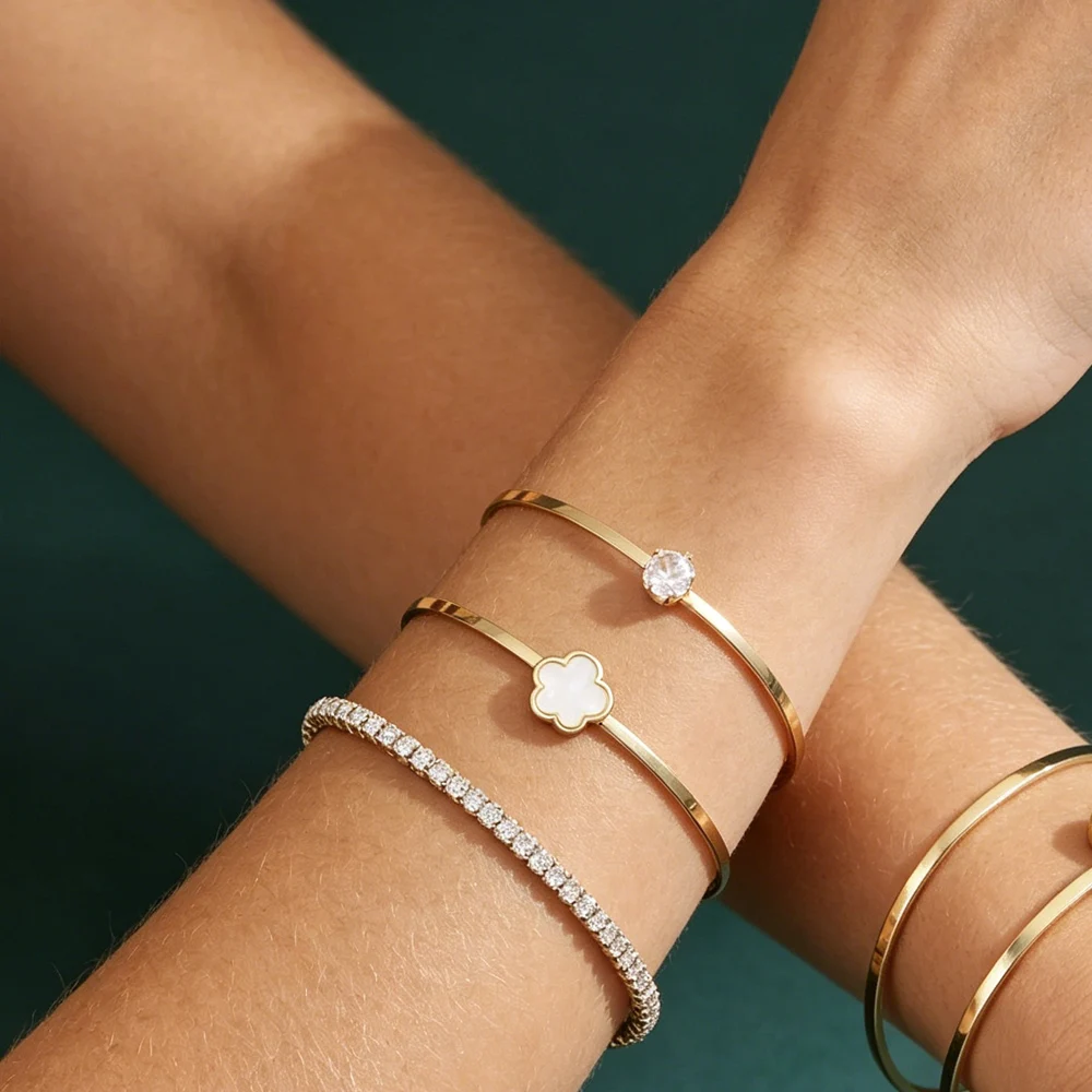 3Pcs/set Fashion Layered Bracelet Set Clover Pendant Sleeve Pin And Tennis Crystal Bracelet Jewelry Gift For Women For Parties