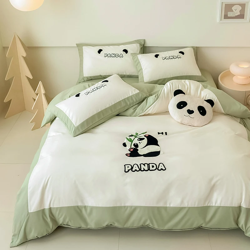 

Cartoon Panda Duvet Cover Soft Washed Cotton Kawaii Embroidered Bedding Set 4 Pc -1 Quilt Cover + 1 Fitted Sheet + 2 Pillowcase