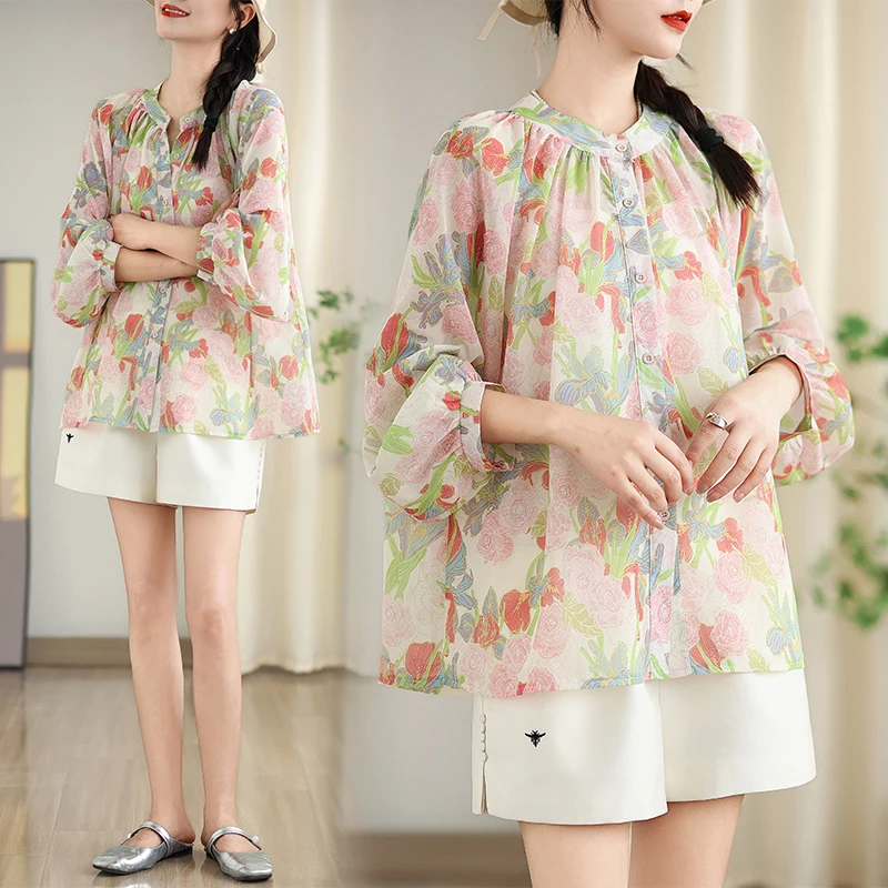 

Summer New Women's Floral Print Loose Thin Cotton irt V-Ne Lantern Sve Cover up Top Faionable Translucent Blouse