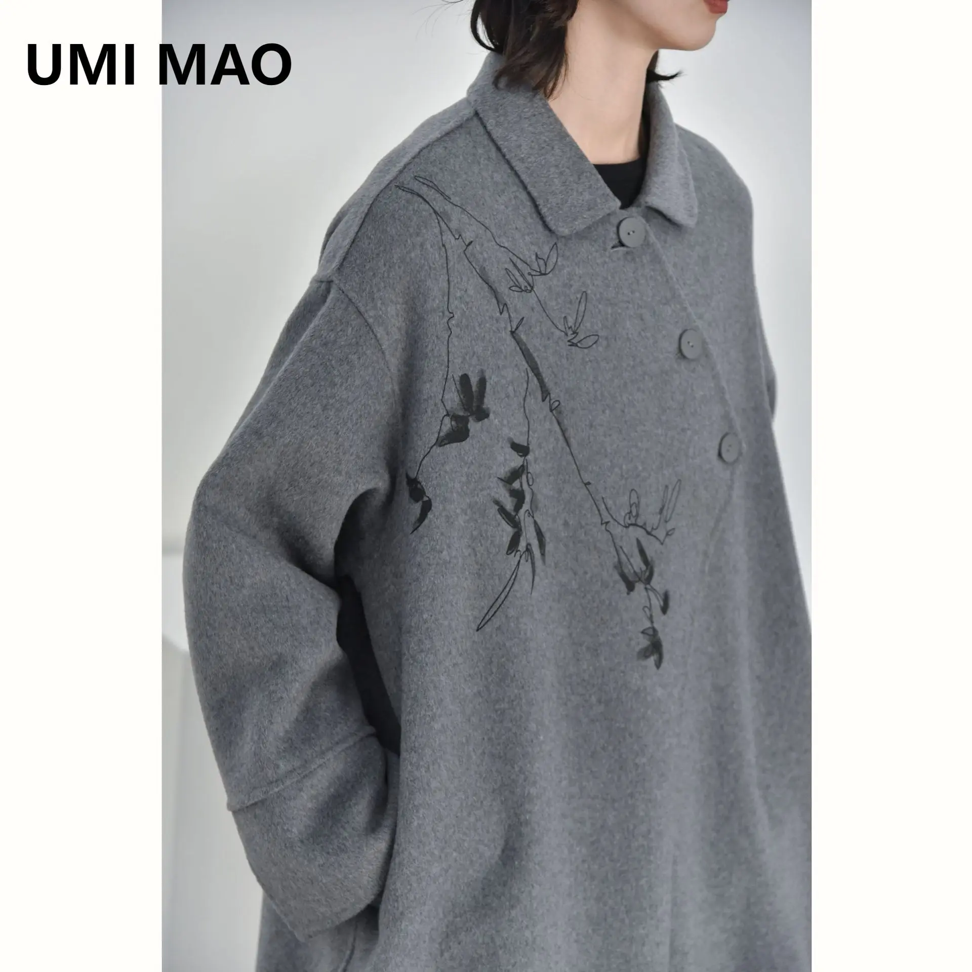 

UMI MAO Chinese Style Woolen Coat With Bamboo Diagonal Placket Design Retro Double-sided Wool Long Jacket Femme Y2K