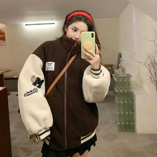 المرأة خمر نمط الأمريكية الصوف مبطن سميكة البلوز سترة التطريز جديد فضفاض صالح التخسيس صوف الضأن سترة #2