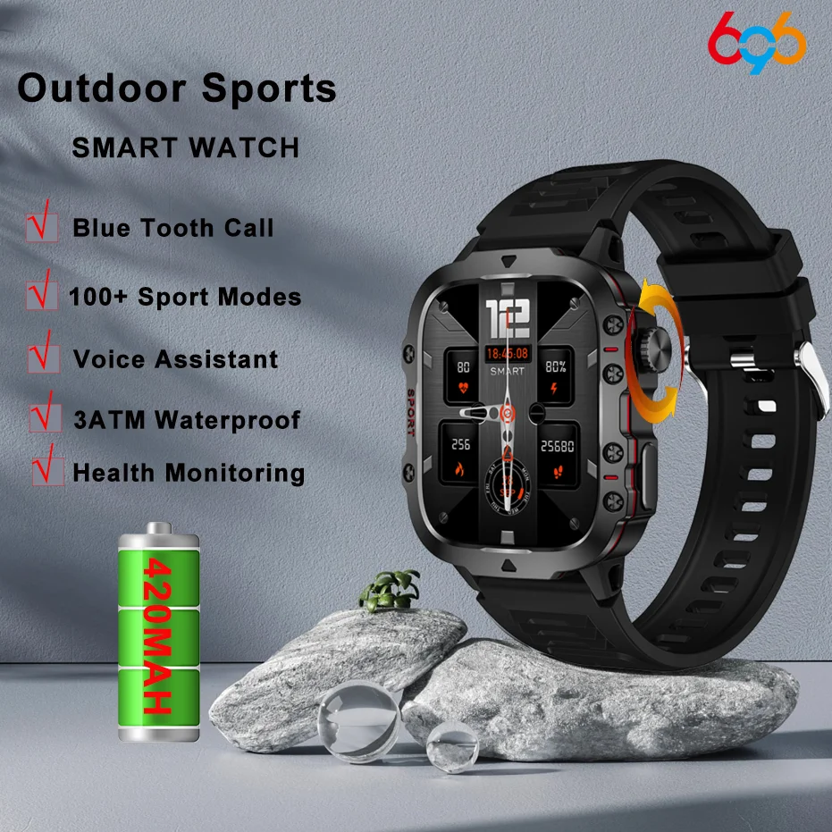 Sports Fitness Outdoor Men Smart Watch 1.96" Blue Tooth Call Heart Rate Blood Oxygen Music 3ATM Waterproof 420Mah New Smartwatch