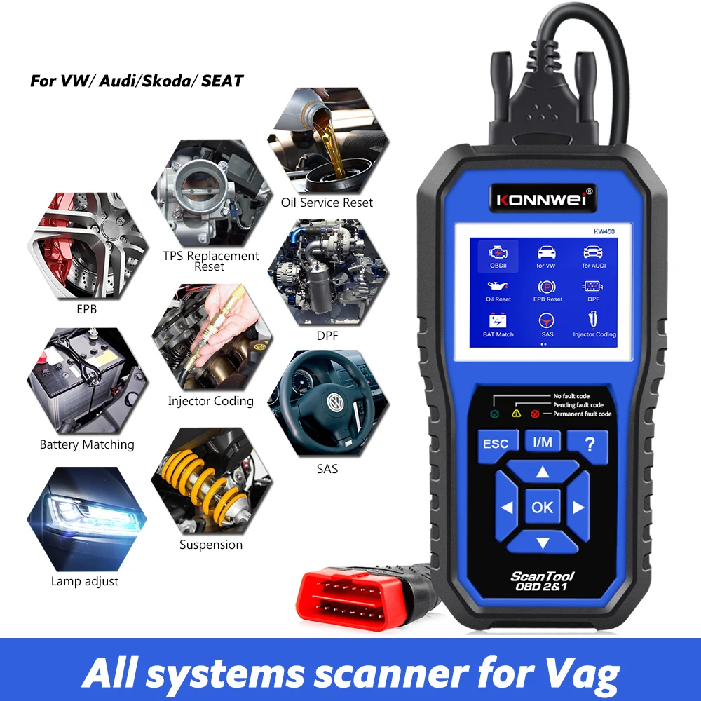 KONNWEI KW450 OBD2 Diagnostic Tool for VAG Cars VW Audi ABS Airbag Oil ABS EPB DPF SRS TPMS Reset Full Systems Scanner VAG COM