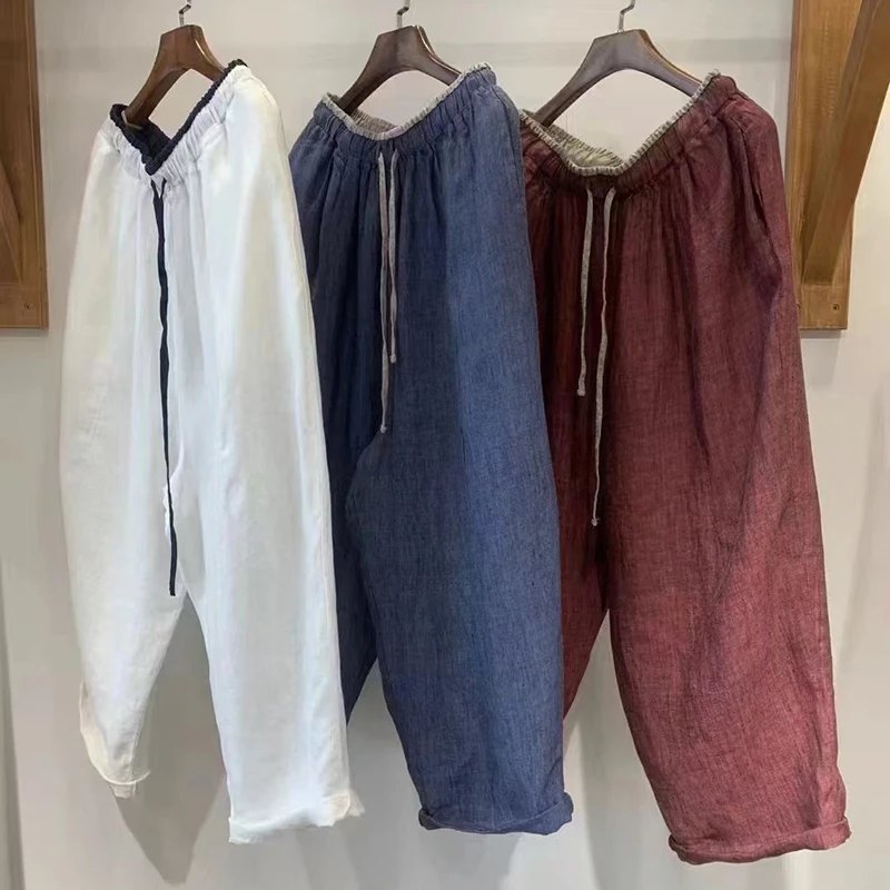 

Весна-лето, женские свободные брюки до щиколотки с эластичной резинкой на талии, универсальные повседневные хлопковые и льняные шаровары хорошего качества