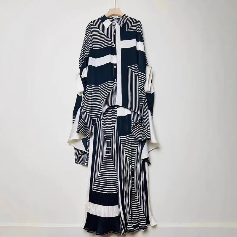 

2025 New European Spring and Autumn Loose Wide-leg Pants Fashion Retro Geometric Printing Loose Shirt Two-piece Suit For Women