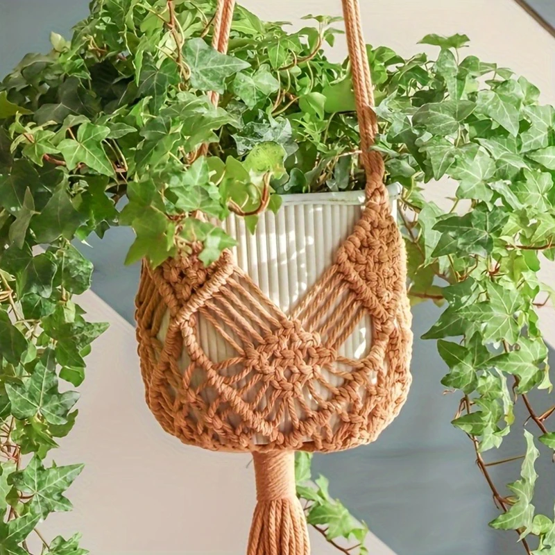 Boho Plant Hanger Indoor Outdoor Hanging Succulents Cotton Rope Woven Hanging Basket with Net Pouch Garden Decoration