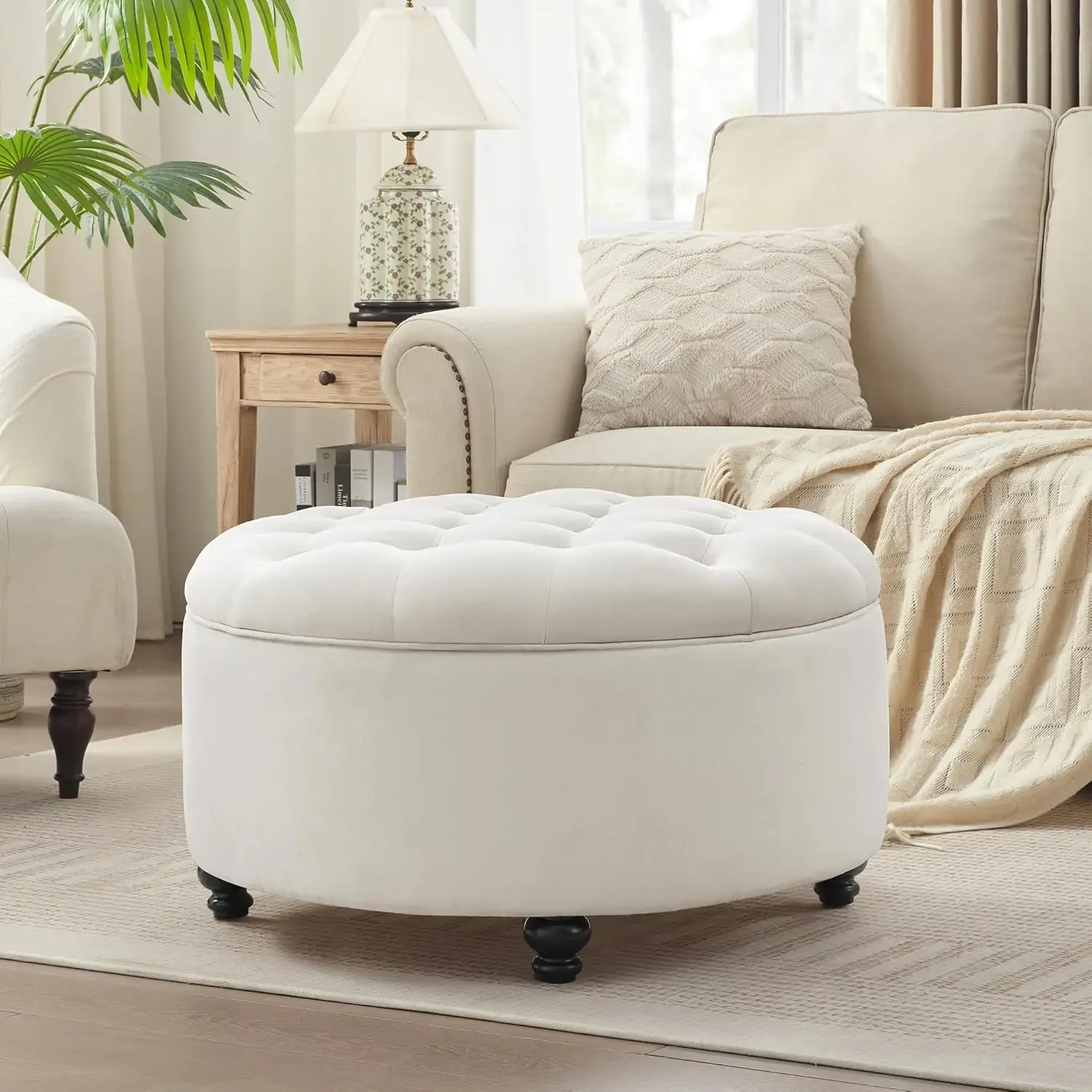 30-Inch Round Storage , Modern Button Tufted Coffee Table with Removable Top, Upholstered Ottoman with Storage Foot