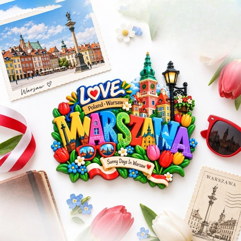 Warsaw Colorful Script Flowers Fridge Magnet - Vibrant 3D Polish Souvenir Unique European Gift for Travel & Home Decor