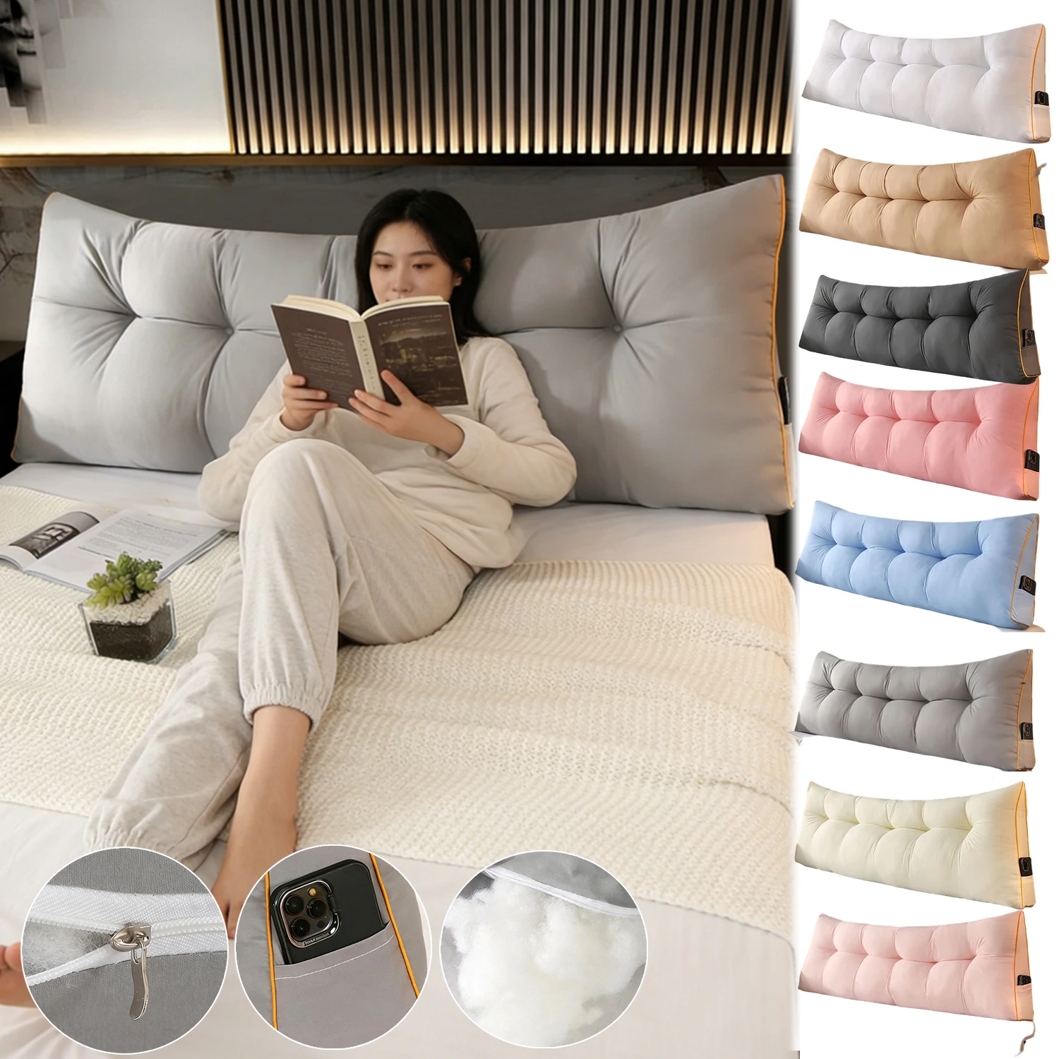 

Large Wedge Shaped Bed Headboard Pillow Triangular Backrest Cushion Soft Support for Reading Waist Comfort Detachable Cover