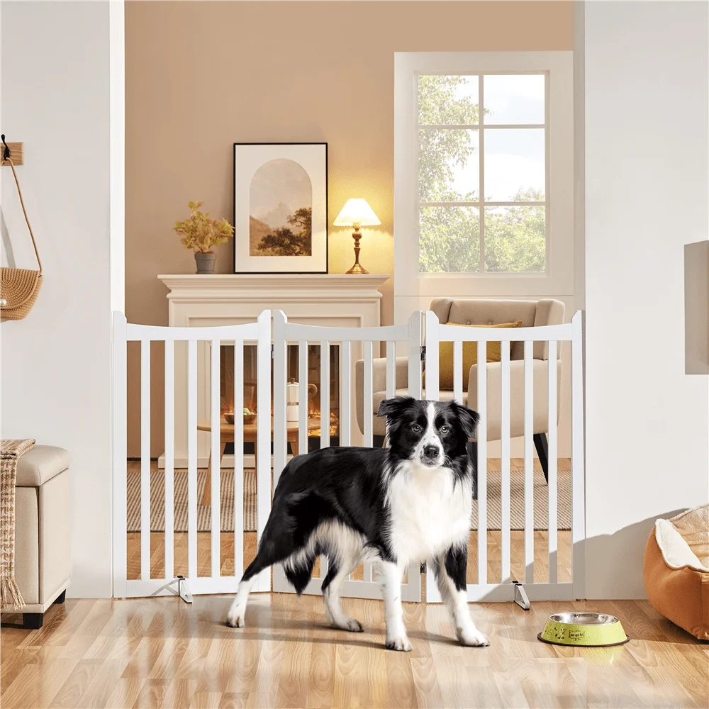 

36Tall Freestanding Wooden Pet Gate, ThreePanel Pet Puppy Fence With Two Support Feet