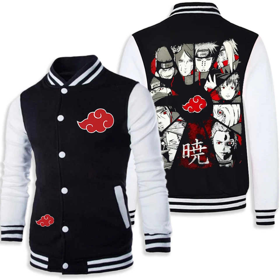 Anime Naruto Akatsuki Varsity Jacke für Herren und Damen Rote Wolken-Print Baseball-Jacke Itachi Mantel Unisex Streetwear Cosplay Oberbekleidung
