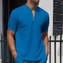 The latest summer men's casual T-shirt Waffle zipper stand-up collar Everyday short-sleeved polo top