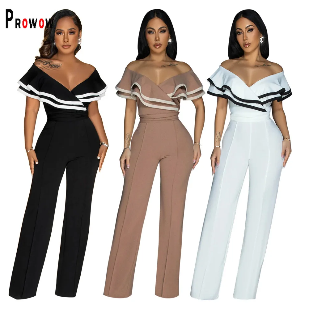 Prowow Fashion Office Lady Jumpsuits Ruffle Shoulderless Striped High Waist One-piece Women Clothing with Belt Slim Fit Outfits