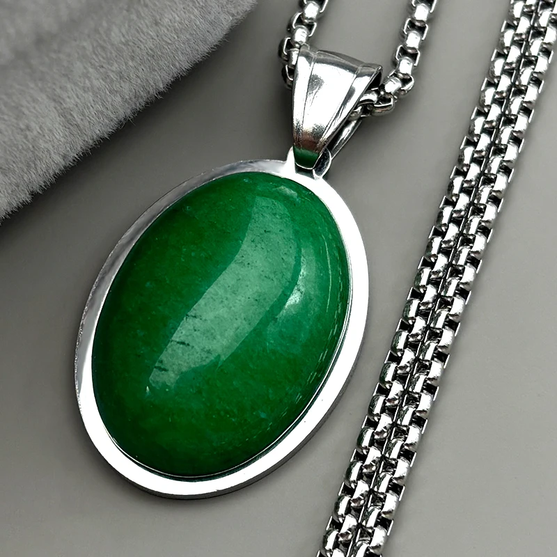 Trendy Naturstein Weiblichen Kette Für Frauen Männer Edelstahl Grün Oval Form Elegante Party Elegante Charme Halskette Schmuck – Detail 5