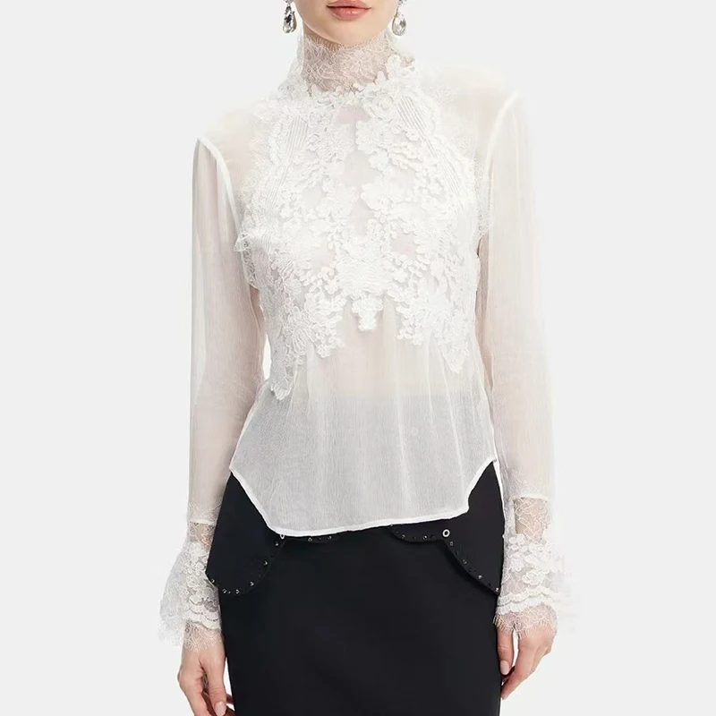 

Women's lace-trimmed blouse, fashionable and elegant shirt, sexy semi-transparent shirt, high quality, 2025, summer, new style