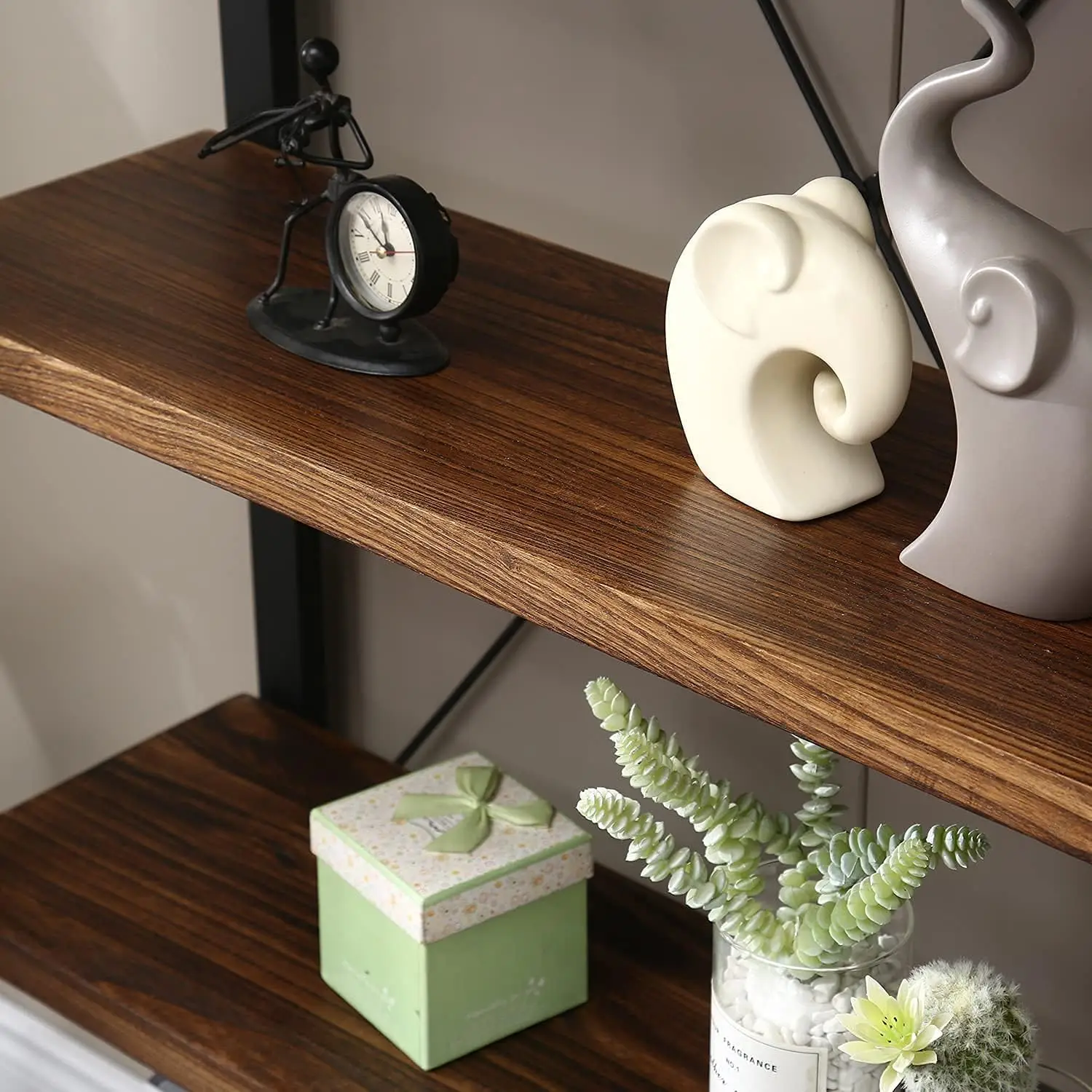 Wood Bookshelf,4 Tier Rustic Vintage Industrial Etagere Bookcase, Open Metal and Wood Vintage Book Shelf, Retro Brown