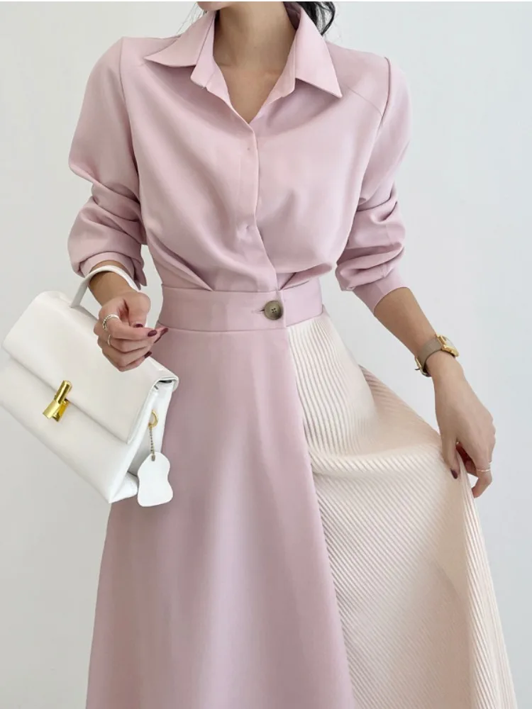 Chic Autumnal irt Dr Slimming Waist Design Long Sve Collar Stand out Color Blo Striped Pattern Commute Sle Single...