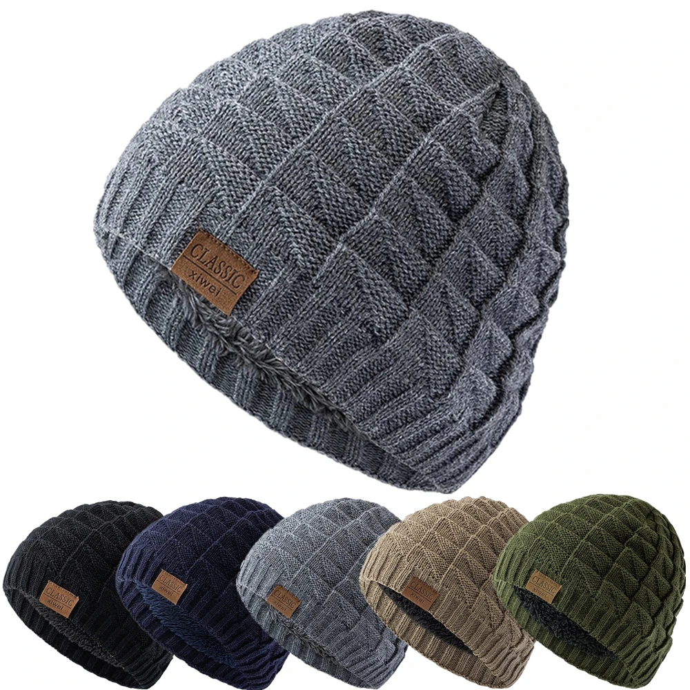 

Hot Sale Unisex Labal Winter Hats Solid Color Knitted Hats For Men Women Beanie Cap Outdoor Plush Fur Lining Warm Sports Hats
