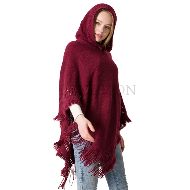 

Winter Women Fashion Baw-Sleeve Hooded Cape Coat Fringe Tassel Cloak Knitted Sweaters Poncho Oversized Women Outfit