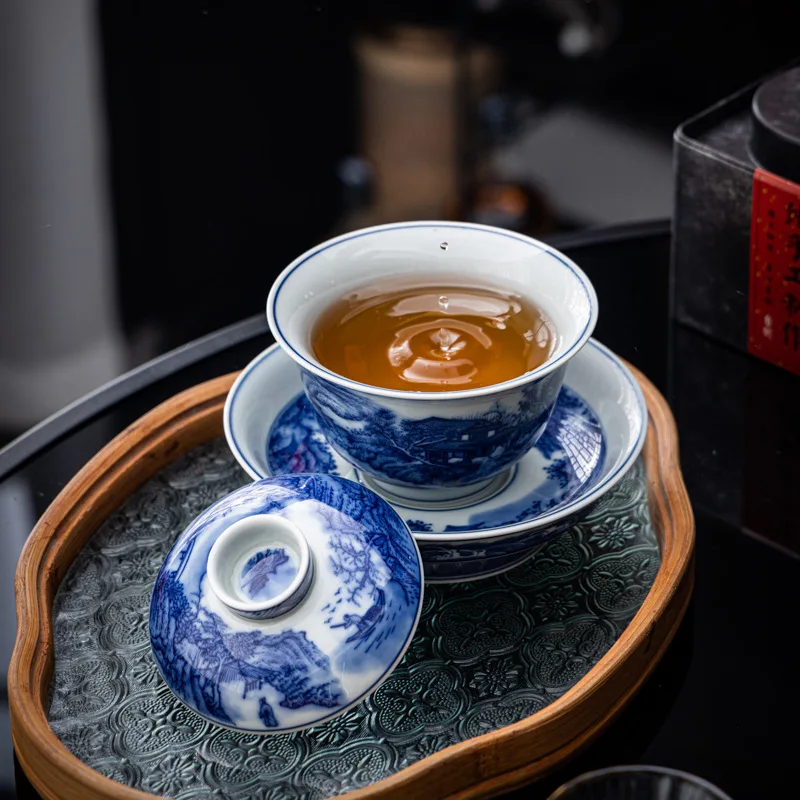 High end antique blue and white three talented covered tea cups, single Chinese style brewing tea bowl, large tea bowl, ceramic