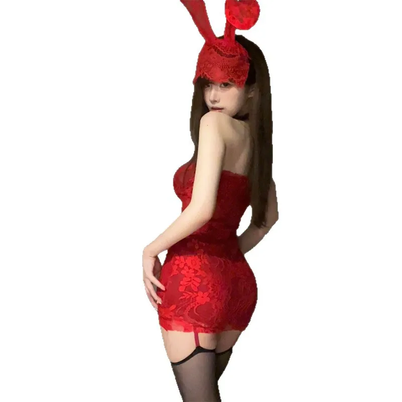 

Women's Red Lace Bandeau Bodycon Dress, Sexy Pure Desire Wrap Hip Club Outfit, Elegant Sister Style Two Piece Set