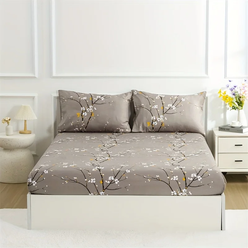 3PC Plum Blossom Bed Sheet, Fitted Sheet*1, Pillowcases*2, No PillowCore, 100% Polyester, Elastic Mattress Protective