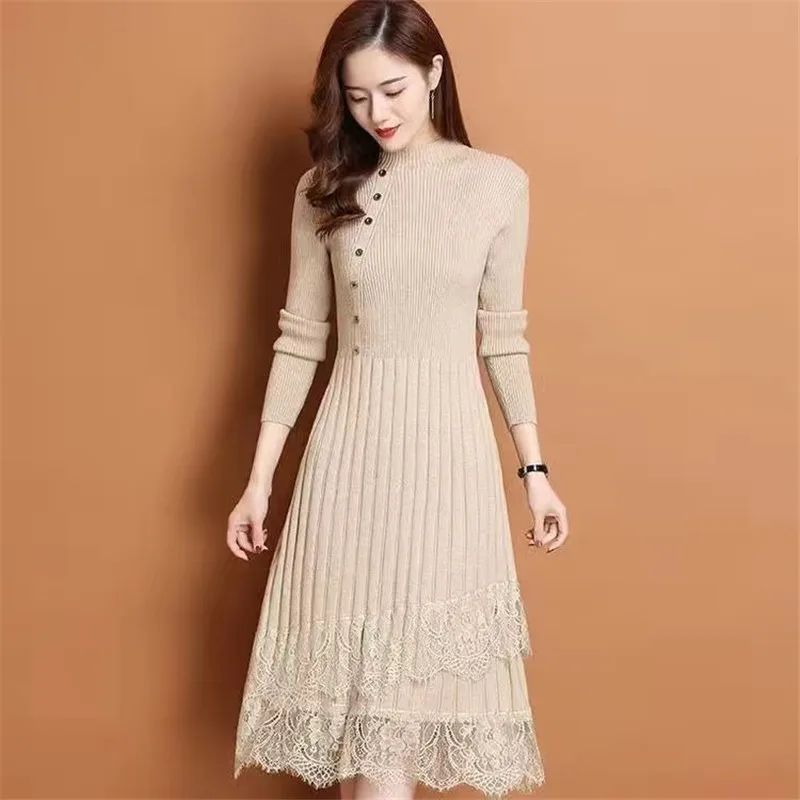 Vintage Knitted Dress Women's Autumn Winter Pullovers New Lace Matching Long Sweater Half High Collar Warm Bottoming Knitwears