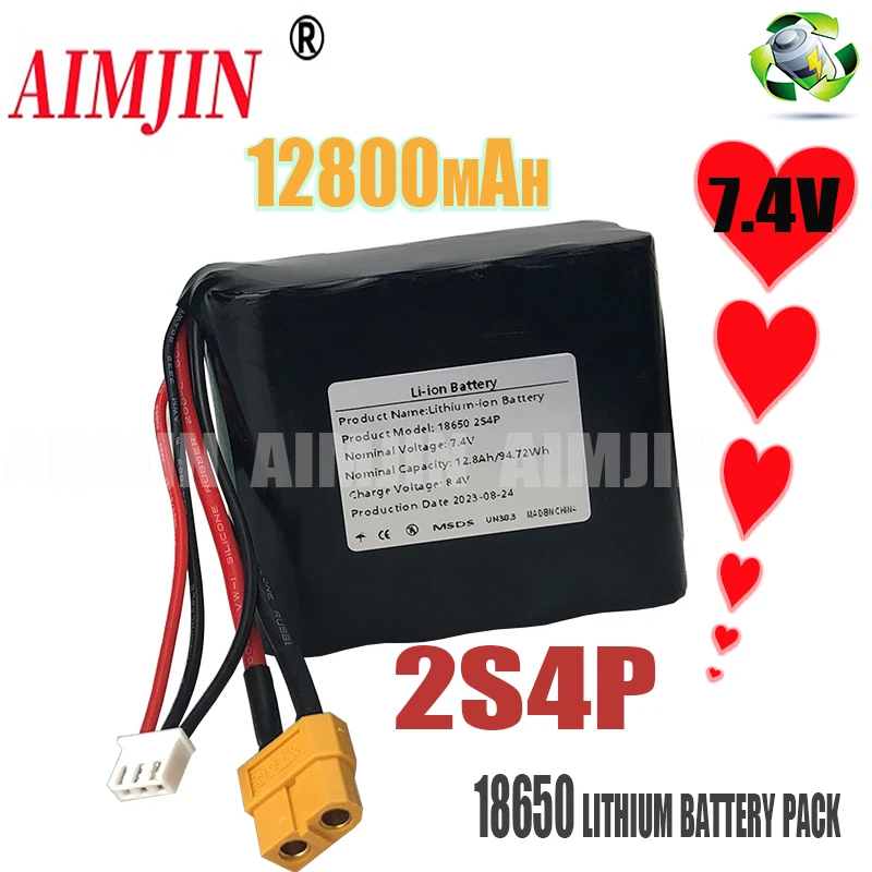 AIMJIN 2S4P 7.4V 12.8Ah 8.4V High Capacity UAV Rechargeable Li-ion Battery for Various RC Airplane Drone Quadrotor XH2.54-3P XT6