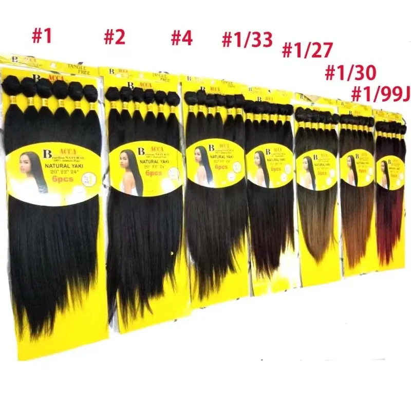 Extensões de cabelo sintético com fechamento para mulheres, cabelo liso natural Yaki, extensão de pacotes, 6 pacotes